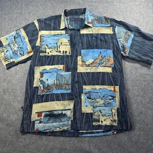 Y2K Phat Farm Button Down Shirt Mens XXL Blue Japanese Art Print PFH5841